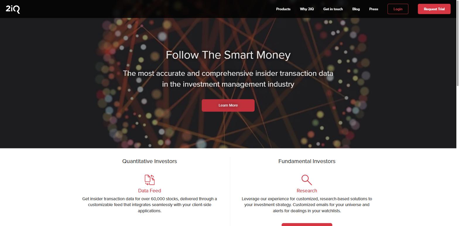 The 2iQ Research home page offering insider transaction data for over 60,000 stocks through a customisable data feed