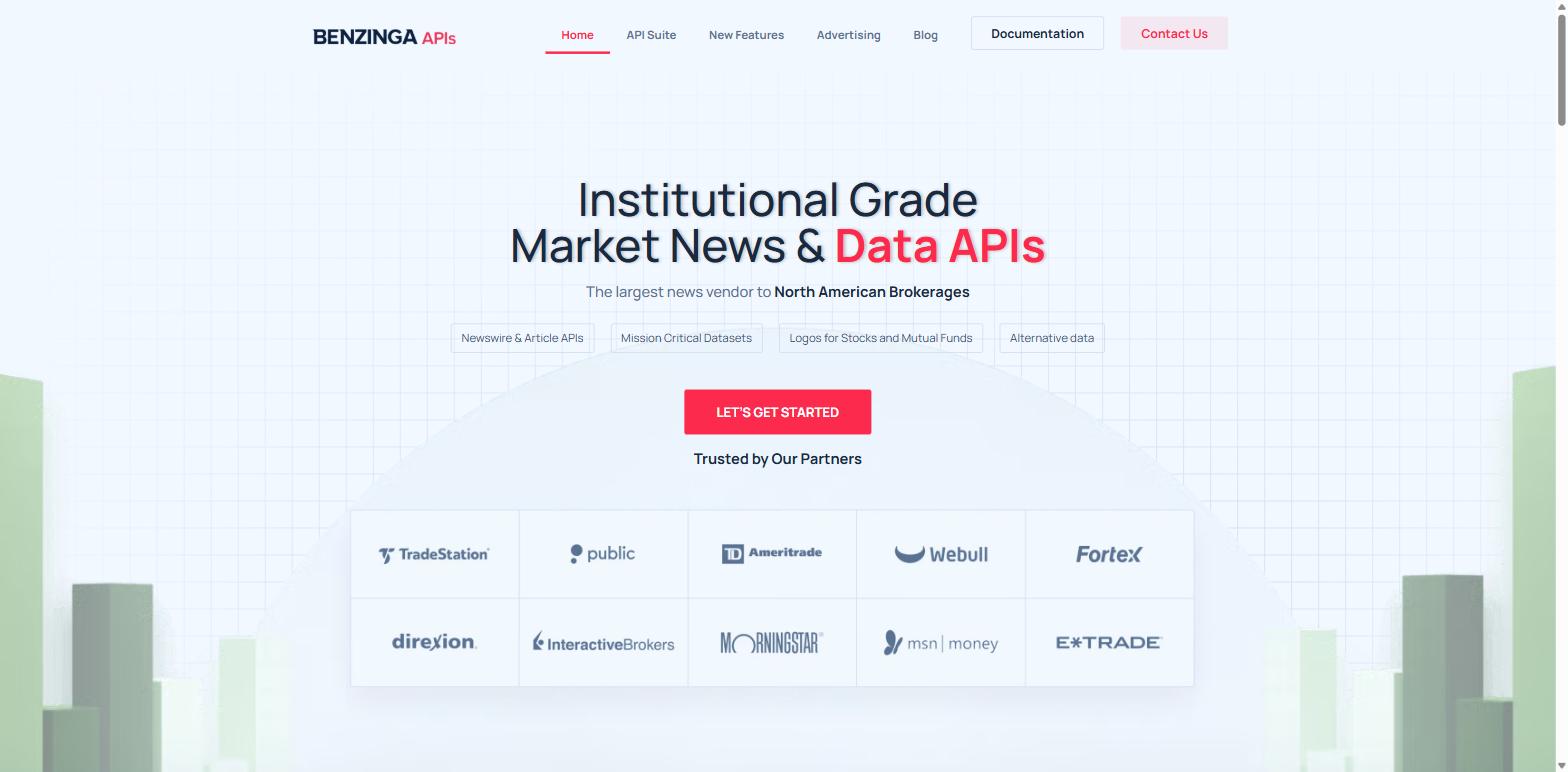 The Benzinga APIs page describing institutional grade market news and data APIs, listing brokerage partners