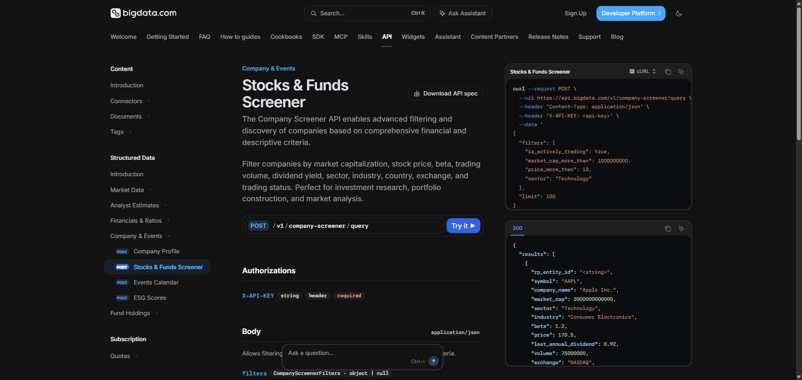 Bigdata.com company screener documentation showing a POST to the v1 company-screener query endpoint with a filters object containing is actively trading, market cap more than, price more than and sector, alongside a limit of 100