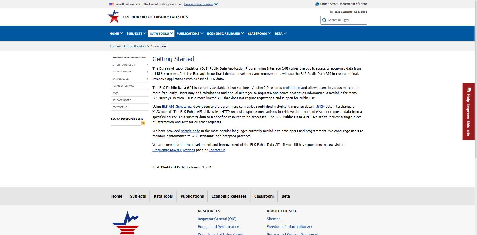 The BLS Developers Getting Started page describing the Public Data API, with version 2.0 requiring registration and version 1.0 open for public use