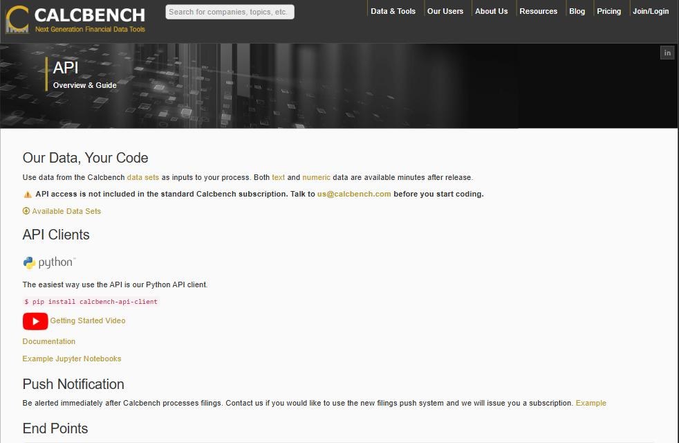 The Calcbench API page carrying a warning that API access is not included in the standard subscription