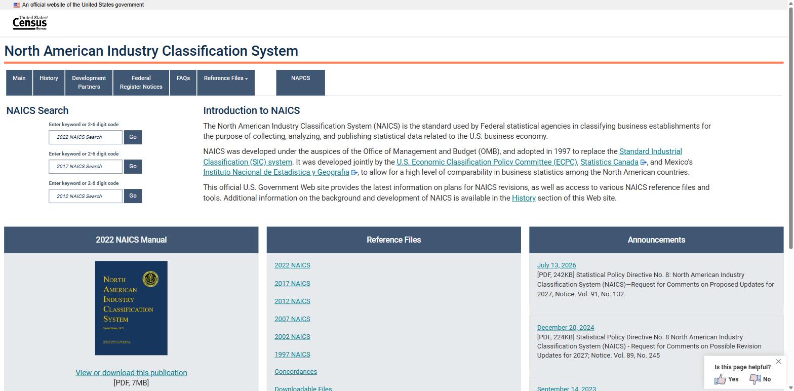 The US Census Bureau NAICS page with search boxes for the 2022, 2017 and 2012 revisions and links to every reference file