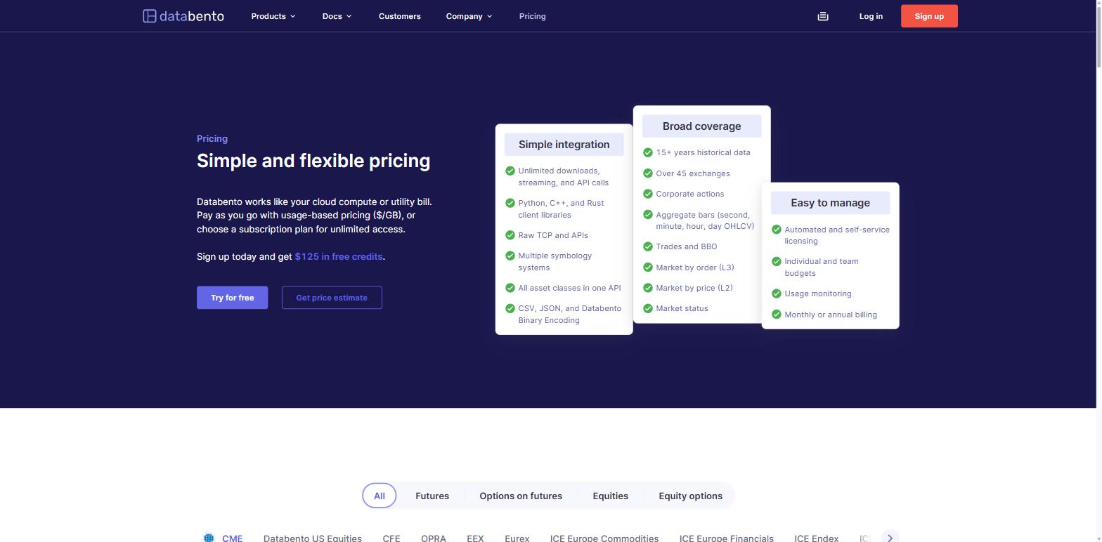 The Databento pricing page describing usage-based pricing per gigabyte or a subscription, with 15-plus years of history across more than 45 exchanges