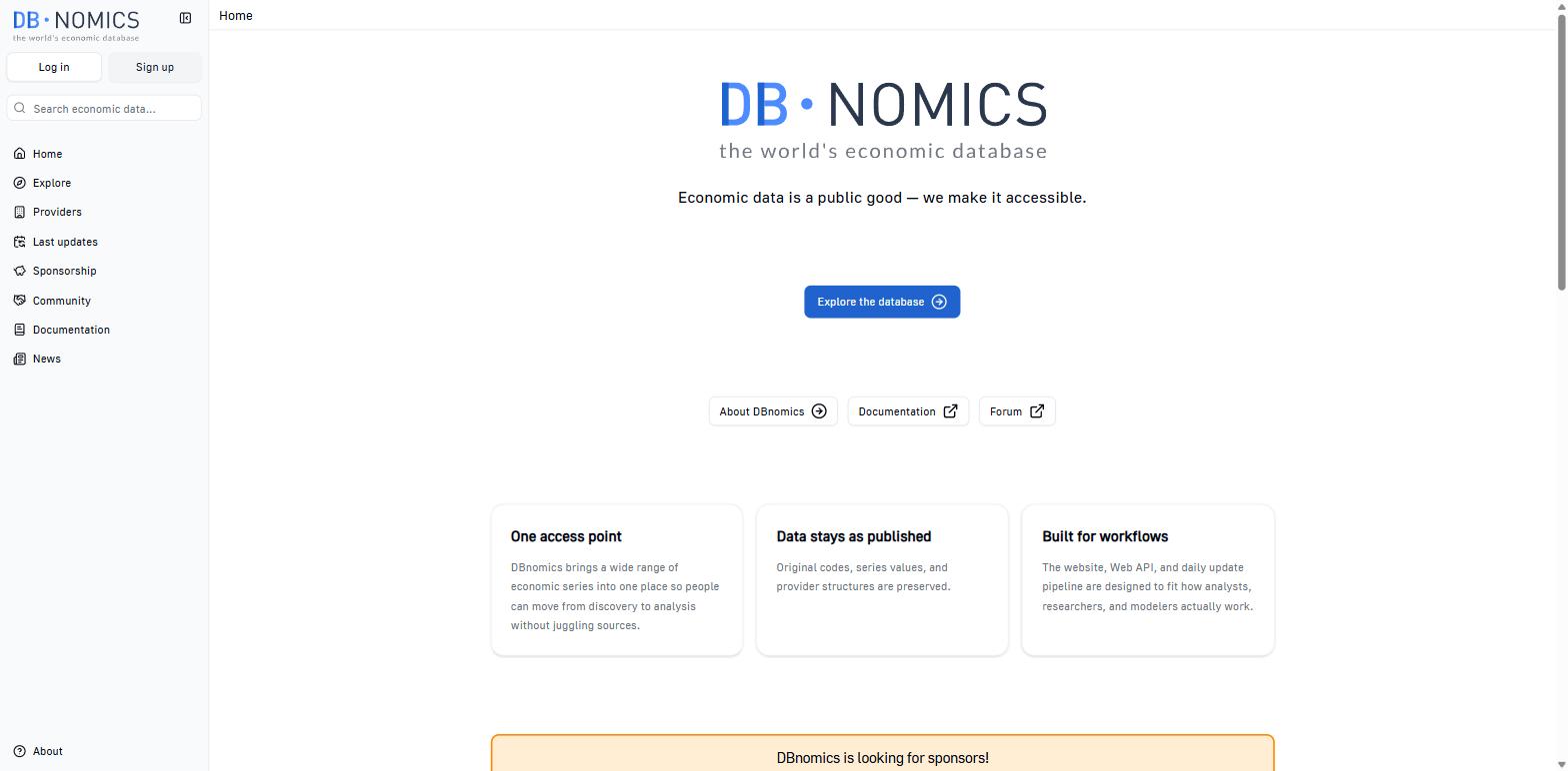 The DBnomics home page describing one access point across providers, with data kept as published and original codes preserved