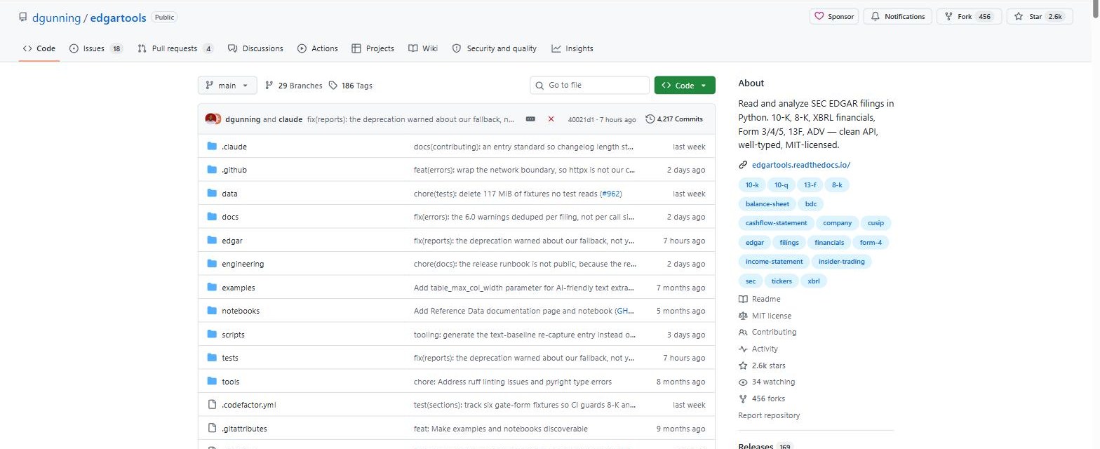 The edgartools repository on GitHub showing an MIT license, 2.6k stars, 456 forks, 169 releases and a commit from 7 hours earlier