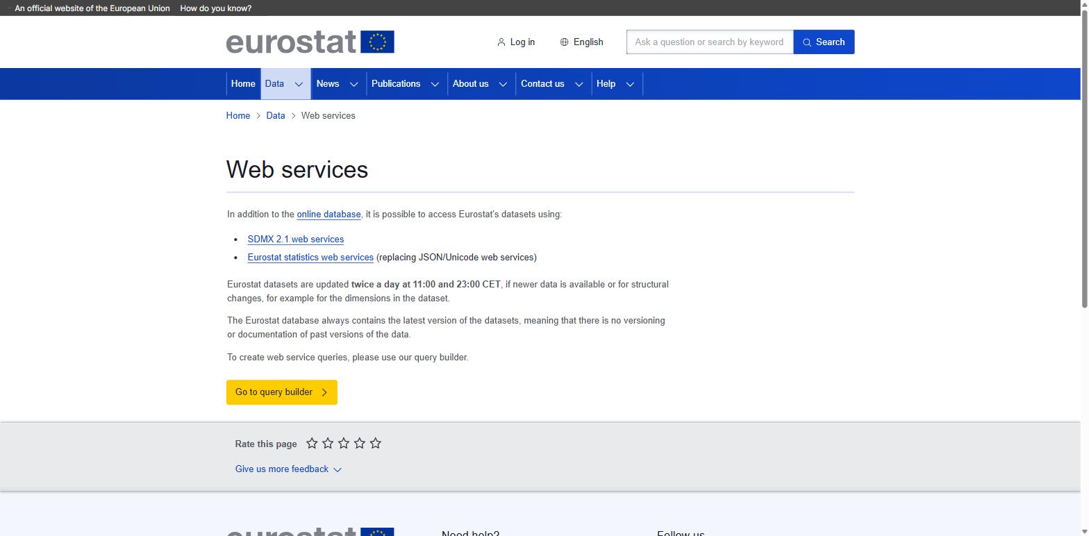 The Eurostat Web services page describing SDMX 2.1 and statistics web services, and stating datasets update twice a day at 11:00 and 23:00 CET