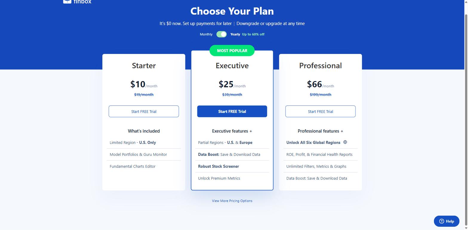 Finbox pricing page showing Starter at 10 dollars, Executive at 25 dollars and Professional at 66 dollars a month on yearly billing