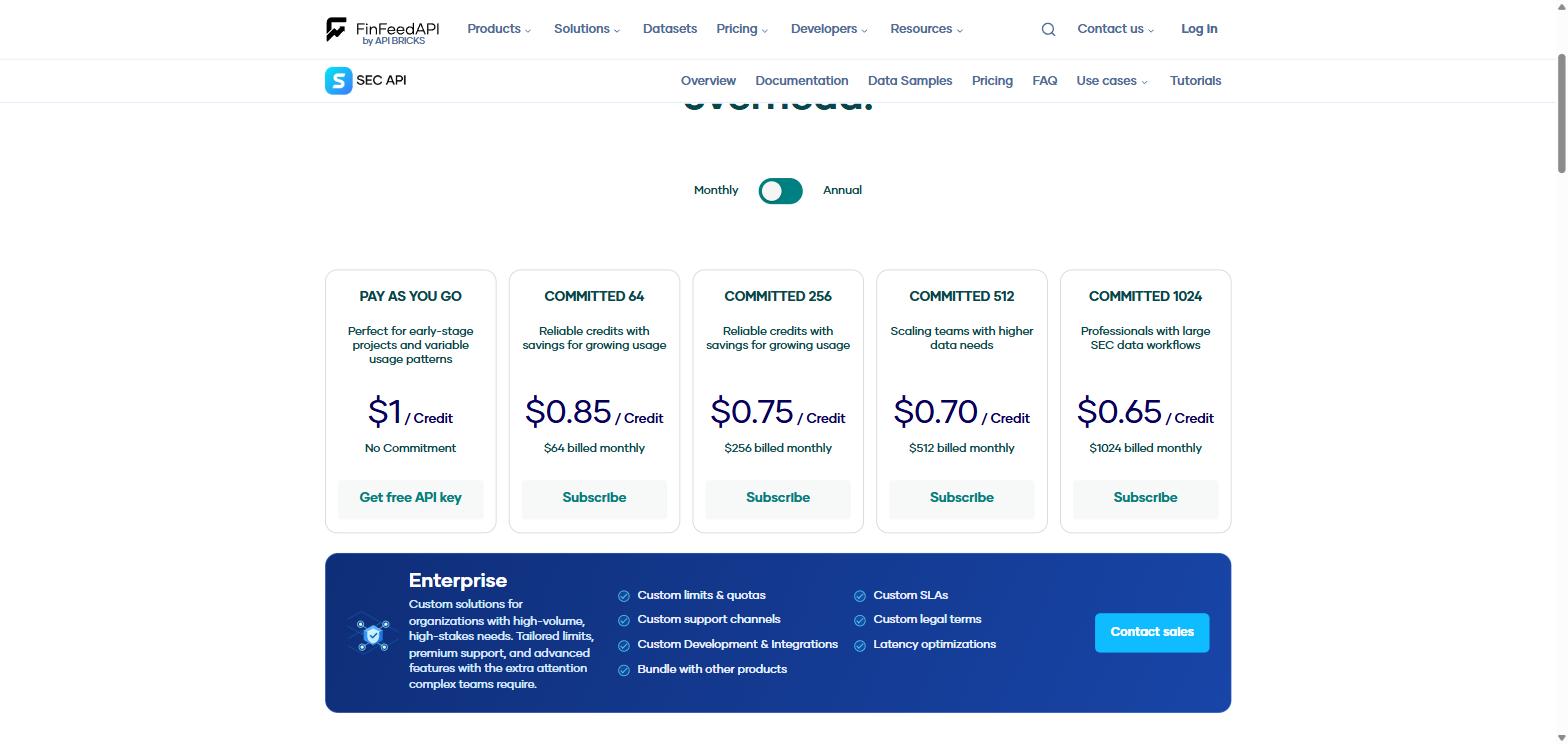 FinFeedAPI SEC API pricing showing pay as you go at one dollar per credit and committed tiers at 64, 256, 512 and 1024 dollars a month with falling per-credit rates