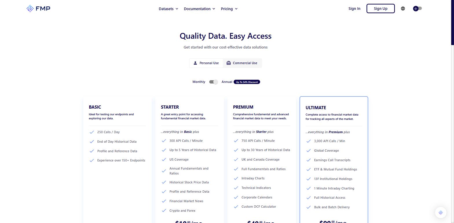 Financial Modeling Prep pricing showing Basic free, Starter at 19 dollars, Premium at 49 dollars and Ultimate at 99 dollars a month