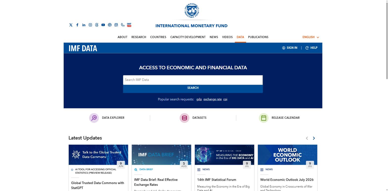 The IMF Data home page offering a data explorer, datasets and a release calendar