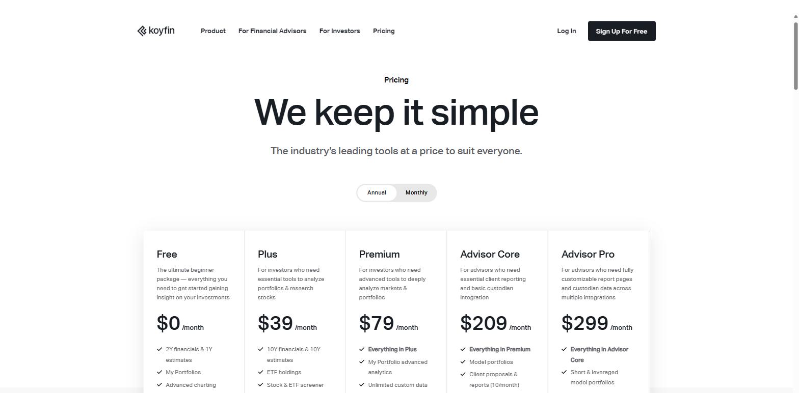 Koyfin pricing page showing Free at zero dollars, Plus at 39 dollars, Premium at 79 dollars, Advisor Core at 209 dollars and Advisor Pro at 299 dollars a month