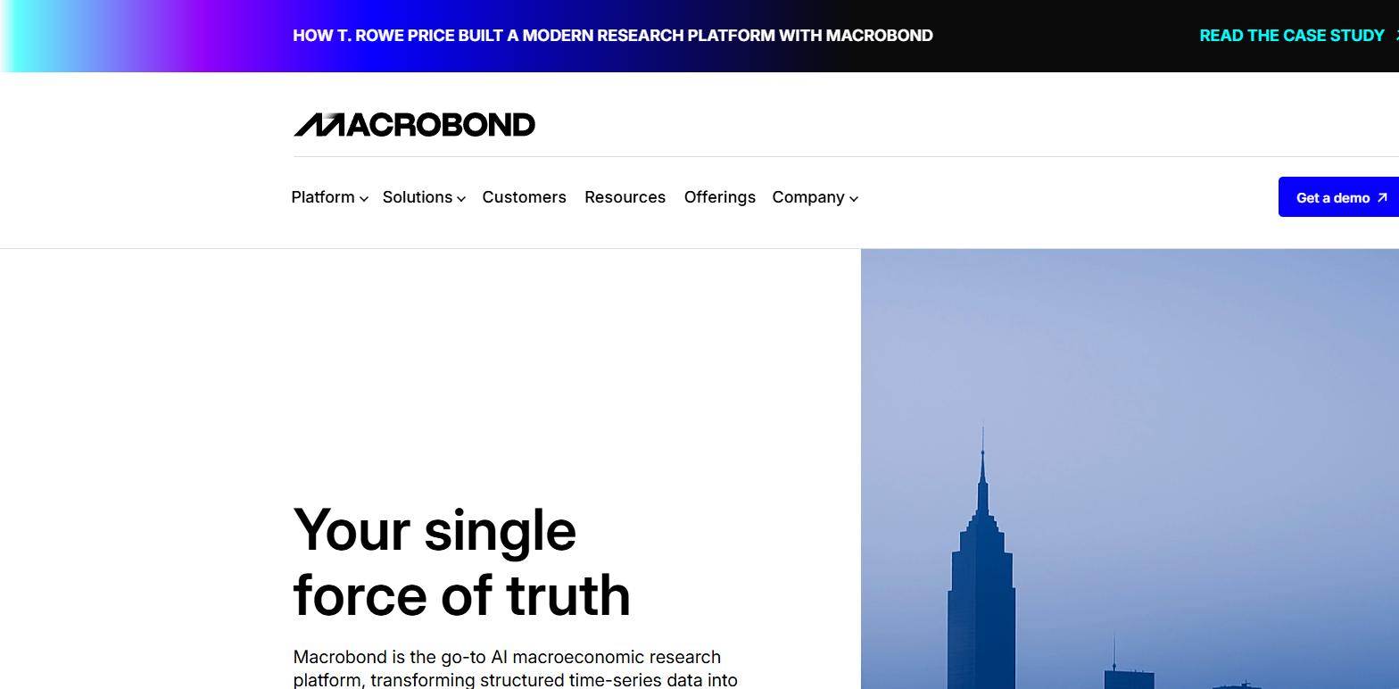 The Macrobond home page describing a macroeconomic research platform that turns structured time-series data into analysis and models