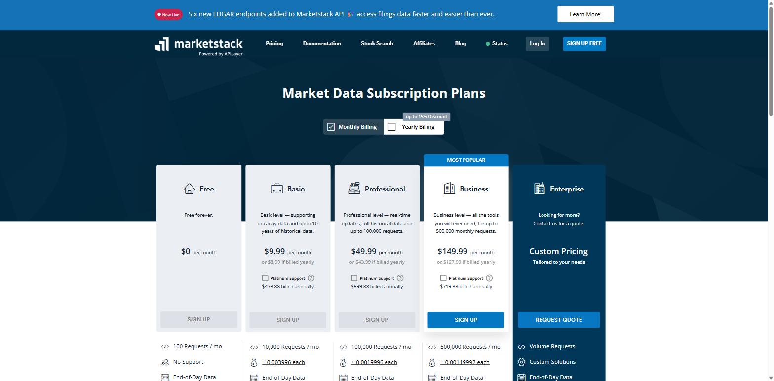 Marketstack pricing showing Free at zero dollars, Basic at 9.99, Professional at 49.99, Business at 149.99 and a custom Enterprise tier