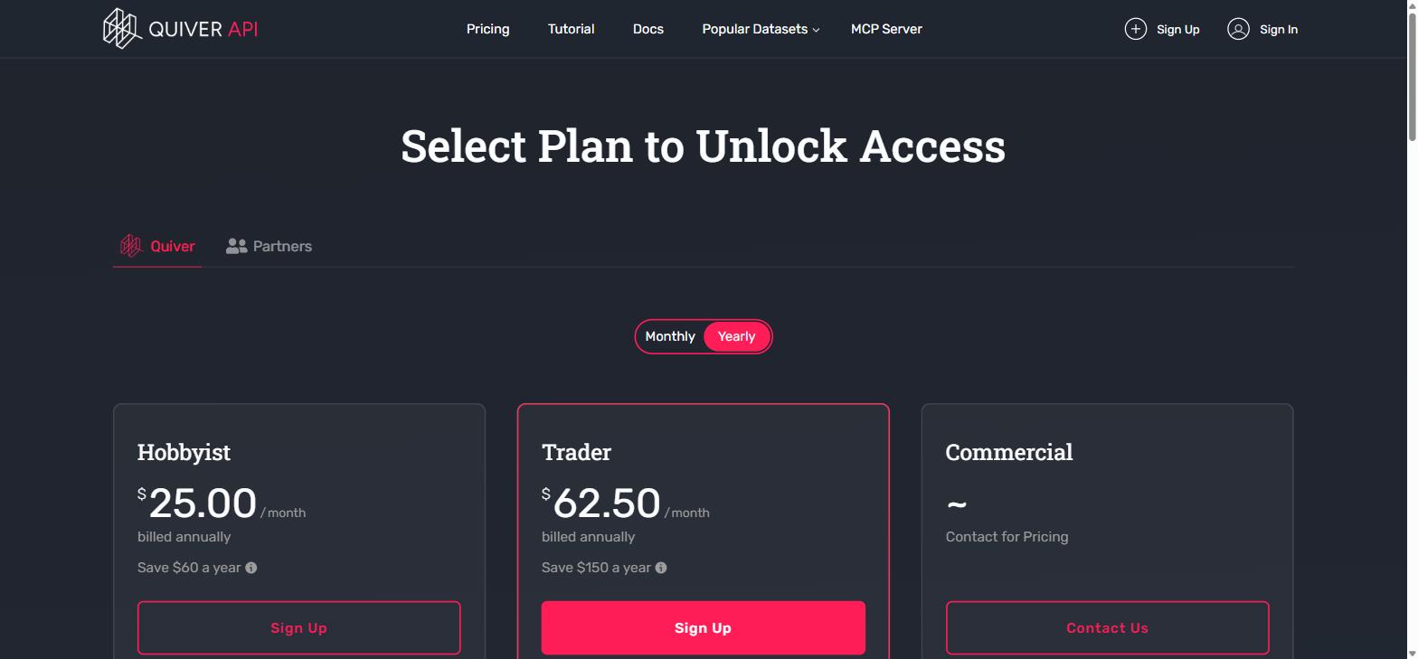Quiver Quantitative API pricing showing Hobbyist at 25 dollars per month, Trader at 62.50 per month and a Commercial tier