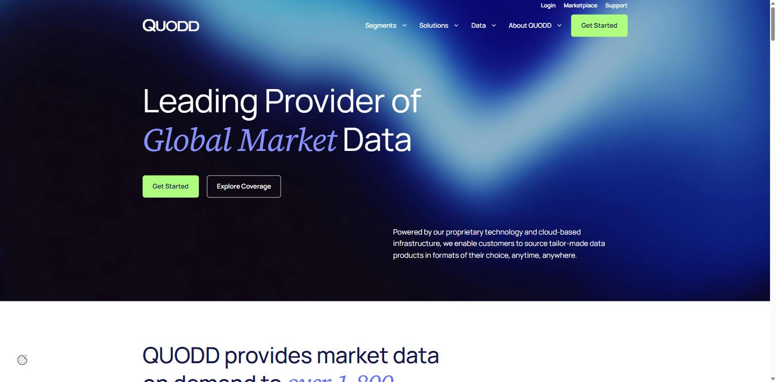 The QUODD home page describing global market data delivered through proprietary cloud infrastructure in customer-chosen formats