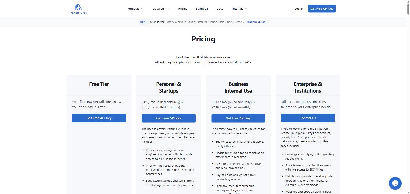 sec-api.io pricing page showing a free tier of 100 API calls, Personal and Startups at 49 dollars a month and Business at 199