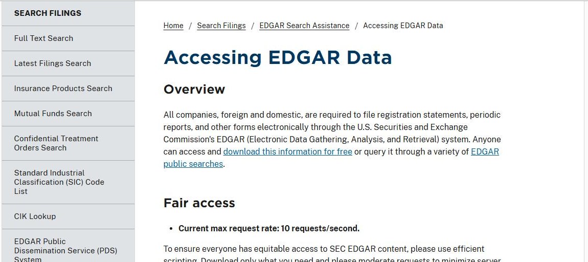The SEC Accessing EDGAR Data page, with a Fair access heading stating a maximum request rate of 10 requests per second