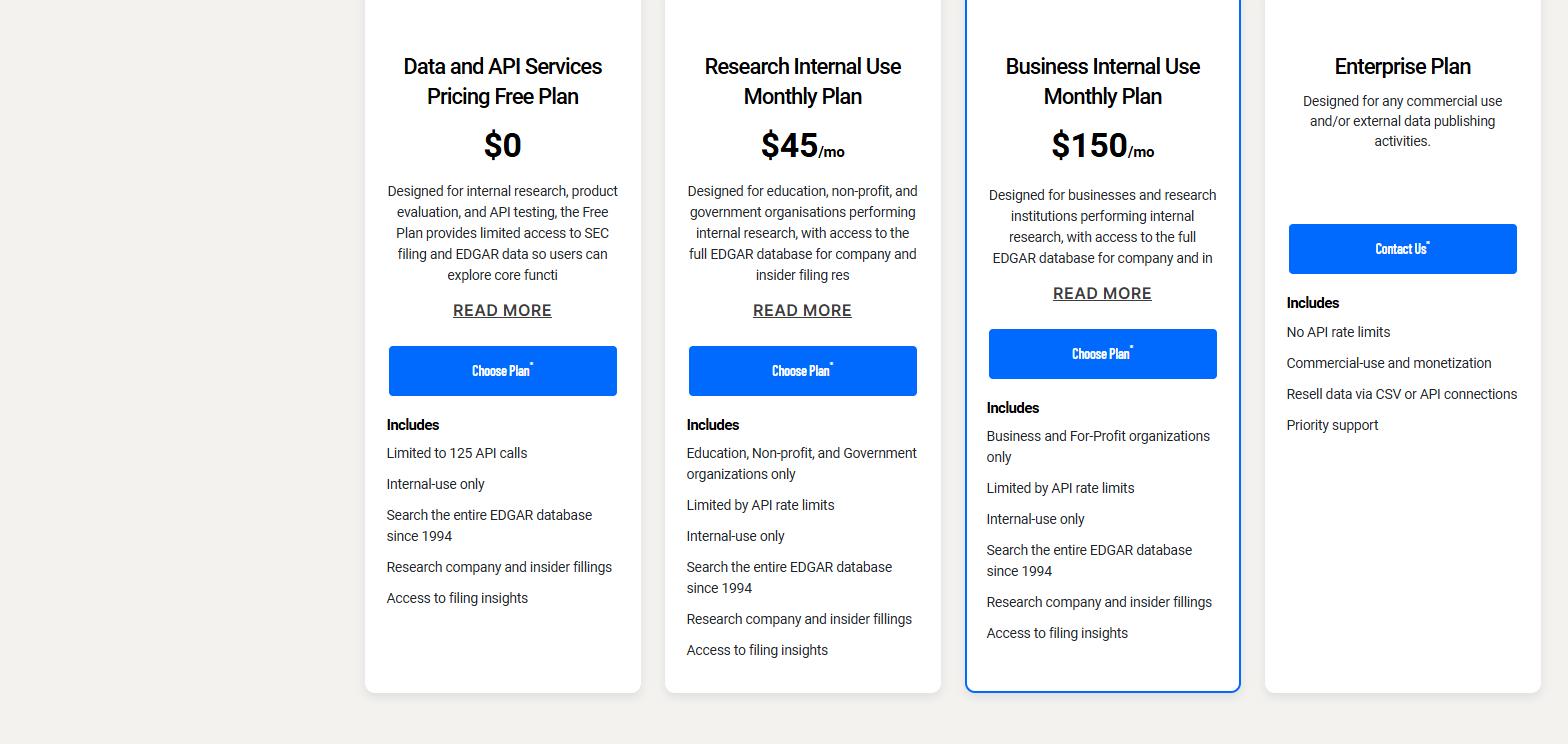 SEC Filing Data pricing page showing a free plan limited to 125 API calls, a research plan at 45 dollars a month for education and non-profits, a business plan at 150 dollars a month and an enterprise plan