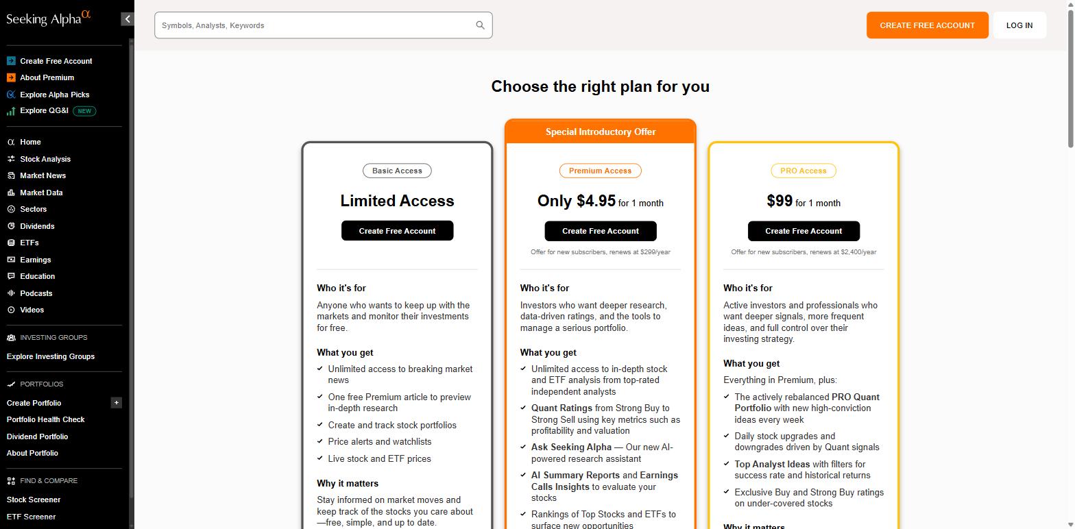 Seeking Alpha subscription page showing Basic limited access free, Premium at 4.95 dollars for one month renewing at 299 dollars a year, and PRO at 99 dollars for one month renewing at 2400 dollars a year