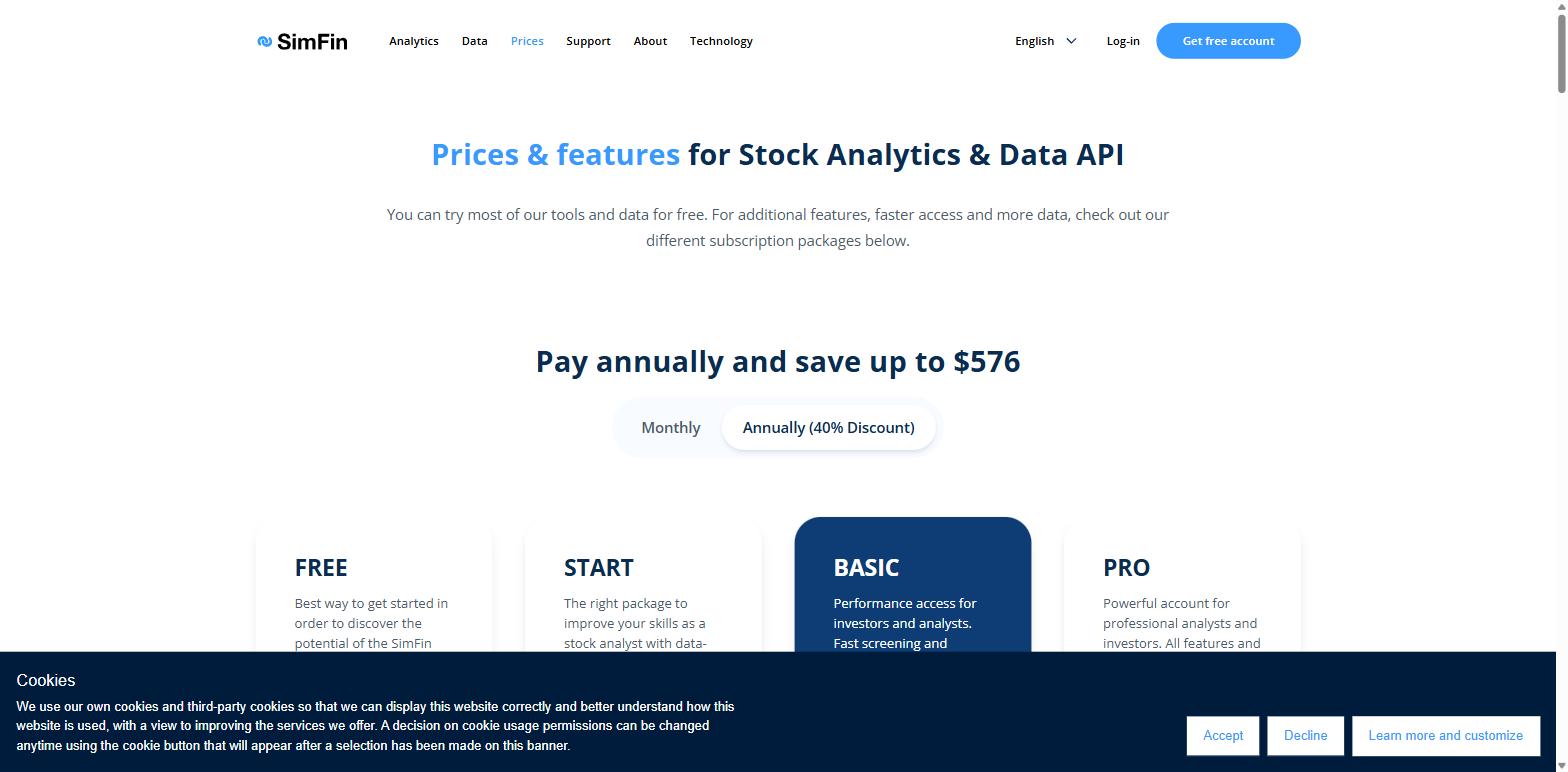SimFin prices and features page showing Free, Start, Basic and Pro packages with an annual discount