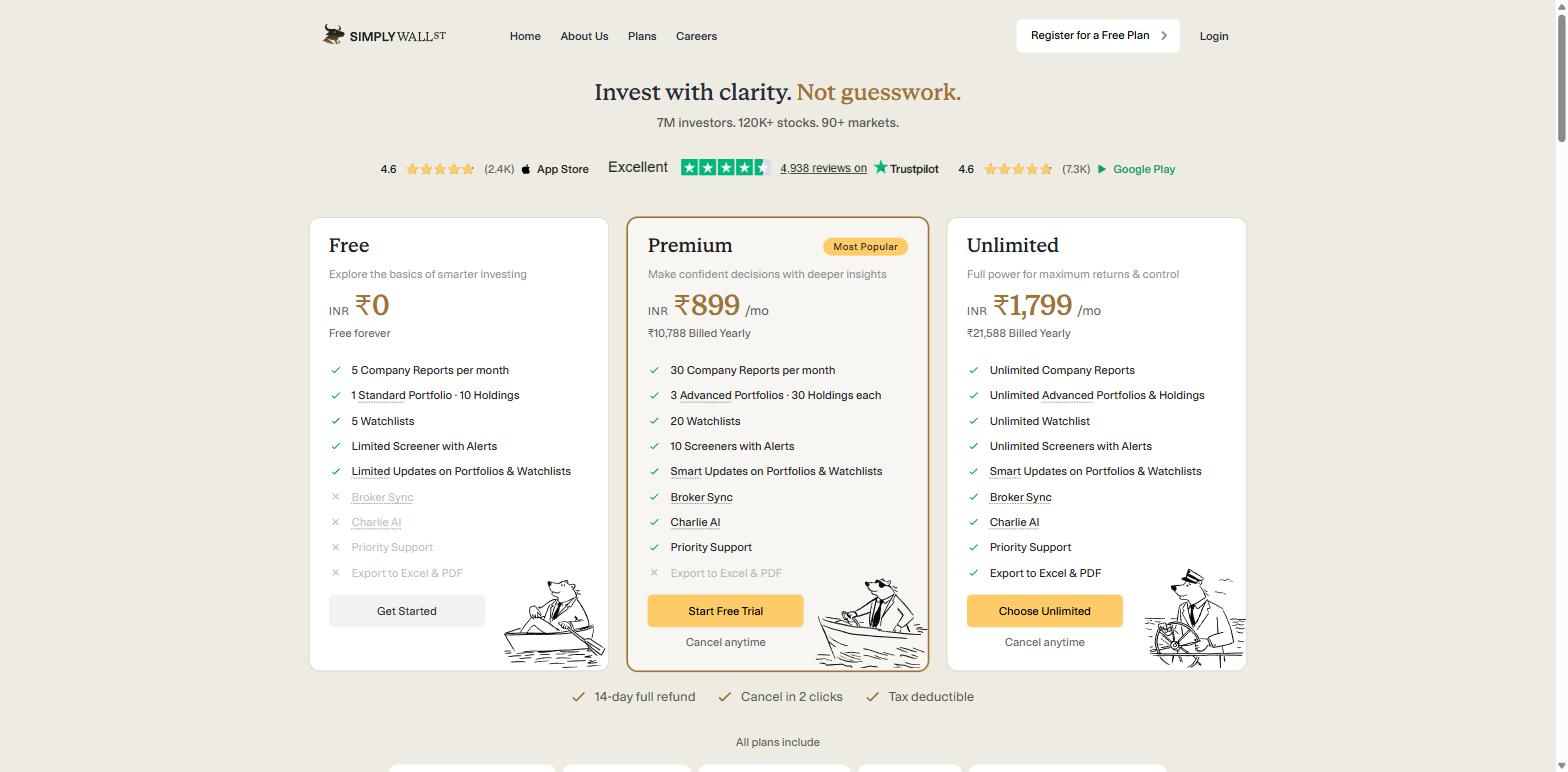 Simply Wall St plans page showing Free, Premium and Unlimited tiers with company report limits, portfolio limits and export to Excel and PDF on the Unlimited plan