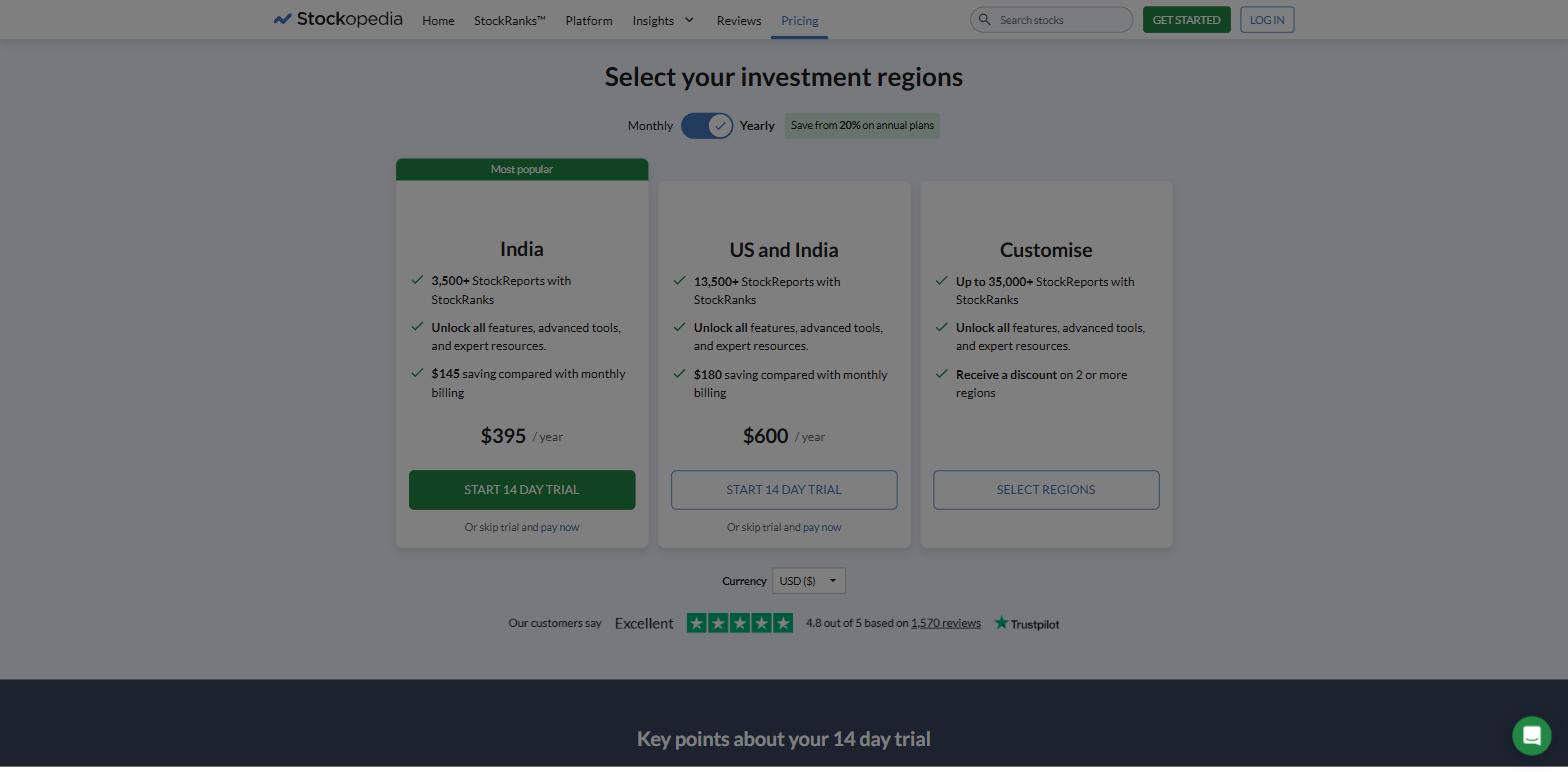 Stockopedia pricing page showing yearly plans sold by investment region, with one region at 395 dollars a year and two regions at 600 dollars a year
