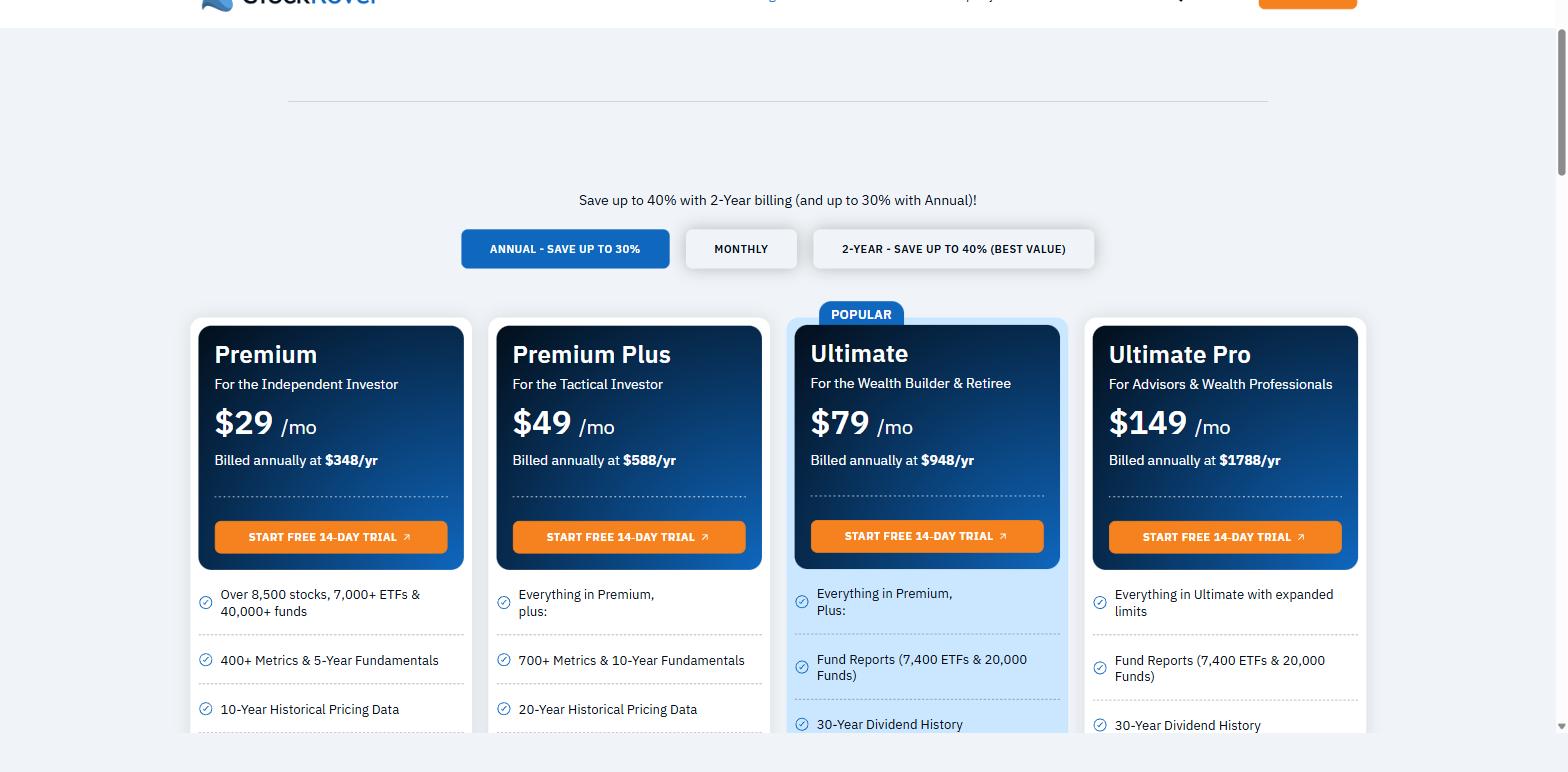 Stock Rover plans showing Premium at 29 dollars, Premium Plus at 49 dollars, Ultimate at 79 dollars and Ultimate Pro at 149 dollars a month billed annually