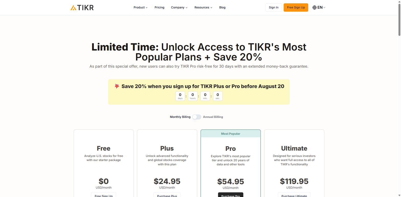 TIKR pricing page showing Free at zero dollars, Plus at 24.95 dollars, Pro at 54.95 dollars and Ultimate at 119.95 dollars a month