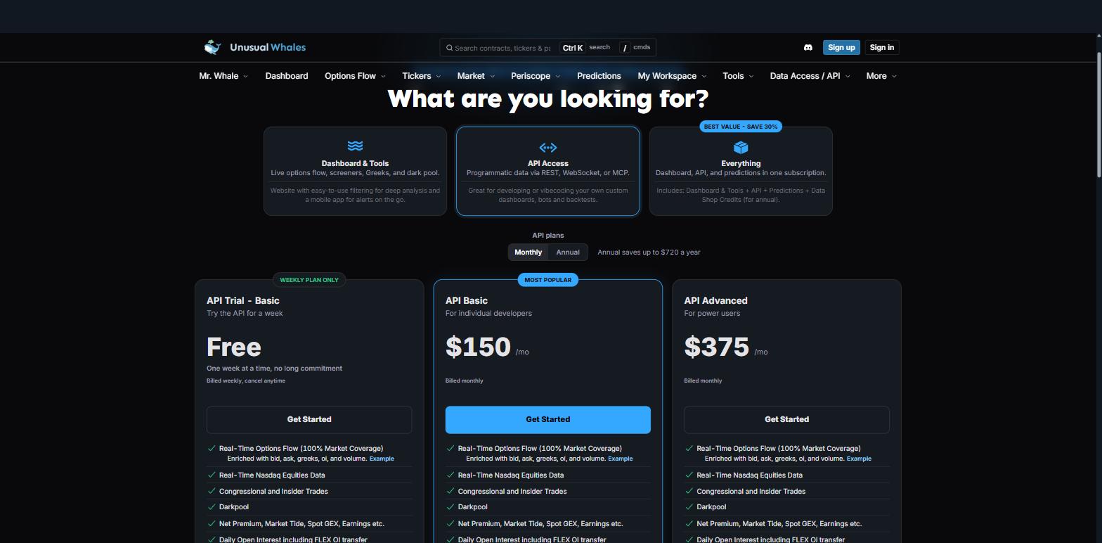 Unusual Whales API pricing showing a free weekly trial, API Basic at $150 per month and API Advanced at $375 per month