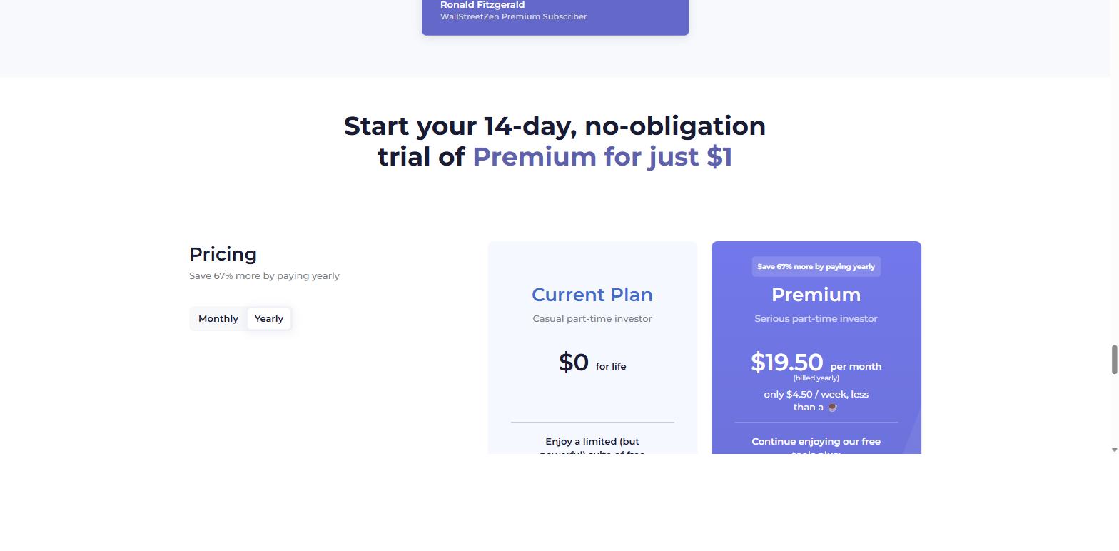 WallStreetZen pricing showing a free plan at zero dollars for life and Premium at 19.50 dollars per month billed yearly