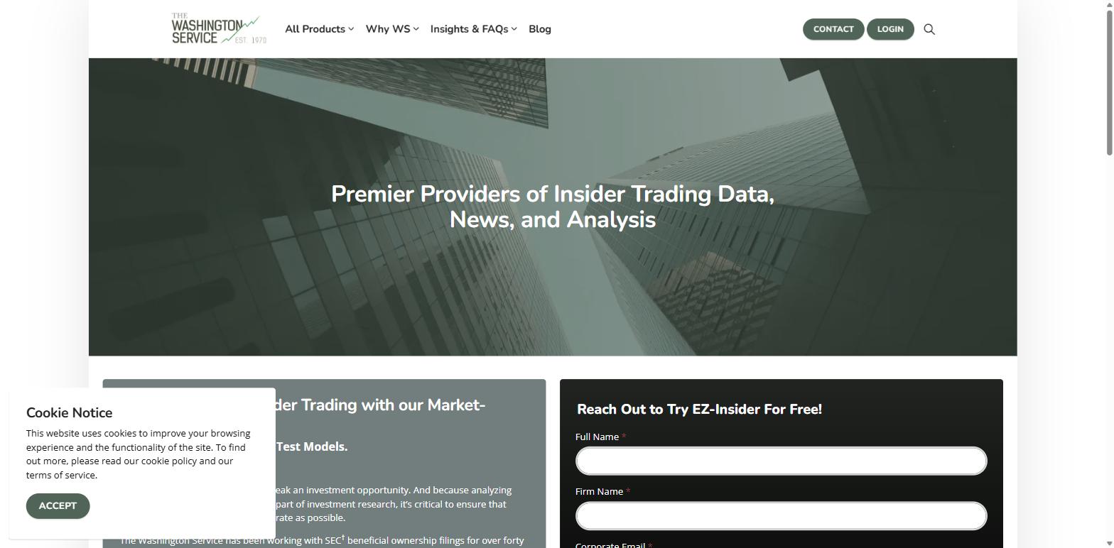 The Washington Service home page describing insider trading data, news and analysis, noting work with SEC beneficial ownership filings for over forty years