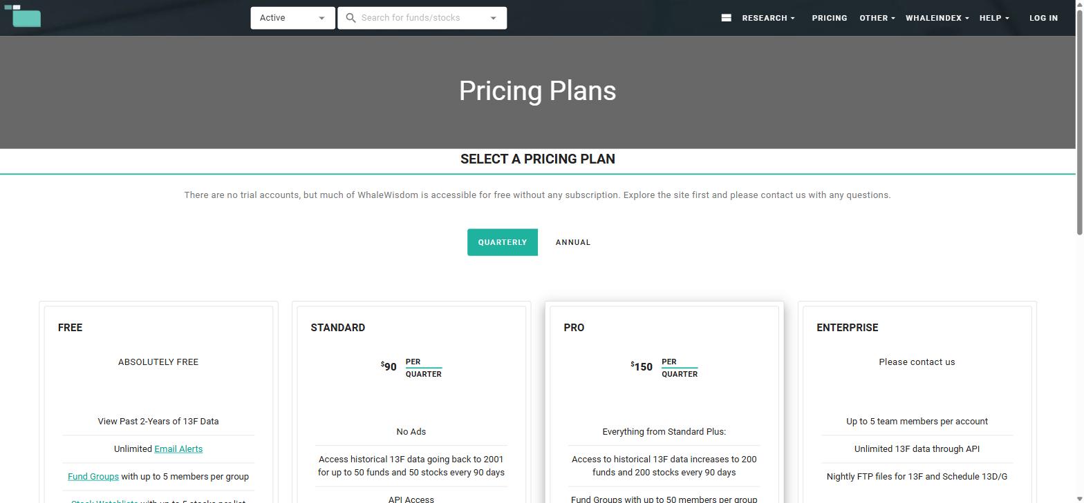 WhaleWisdom pricing page showing a free plan, Standard at $90 per quarter, Pro at $150 per quarter and an Enterprise tier